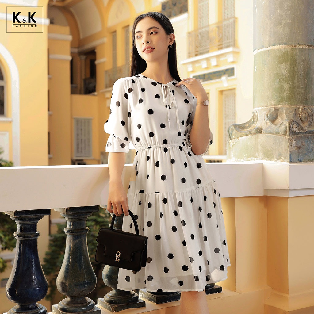 Đầm Xòe Chấm Bi K&K Fashion KK108-35 Tay Dài Cổ Phối Nơ Chất Liệu Voan Hàn Quốc