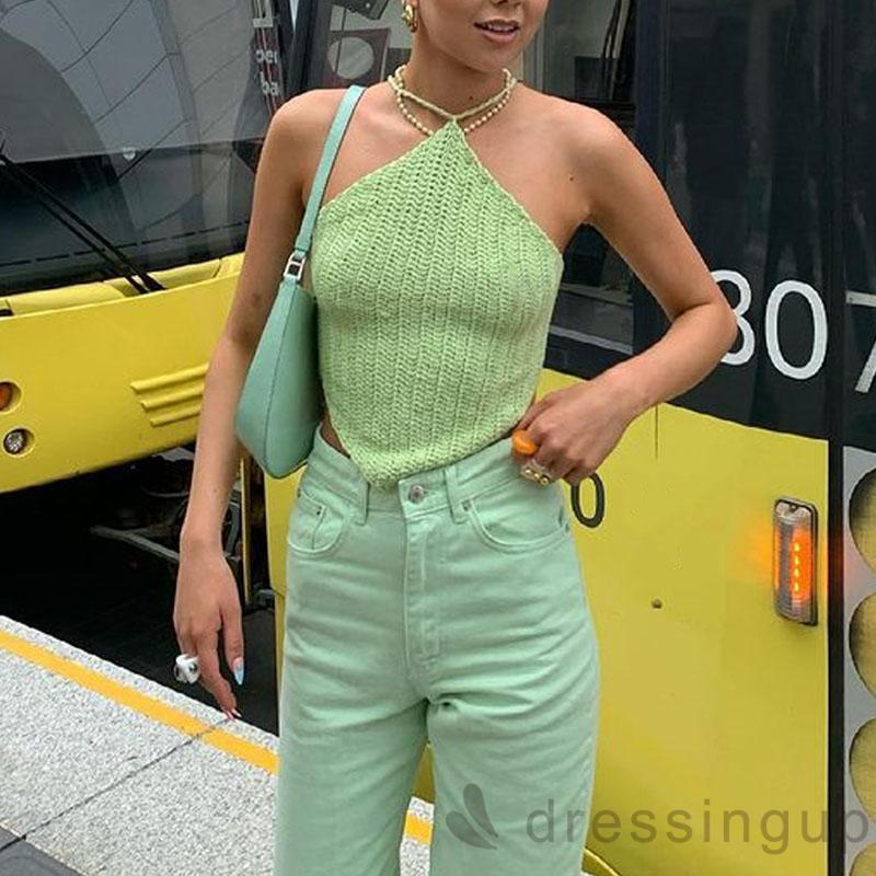 Áo Tank Top Đan Móc Màu Sắc Hở Lưng Thời Trang Cho Nữ