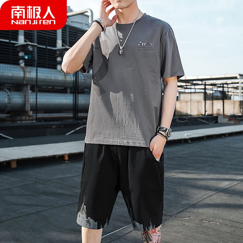 Bộ áo thun cotton ngắn tay + quần short thể thao dáng rộng kiểu Hàn Quốc thời trang mùa hè 2020 cho nam