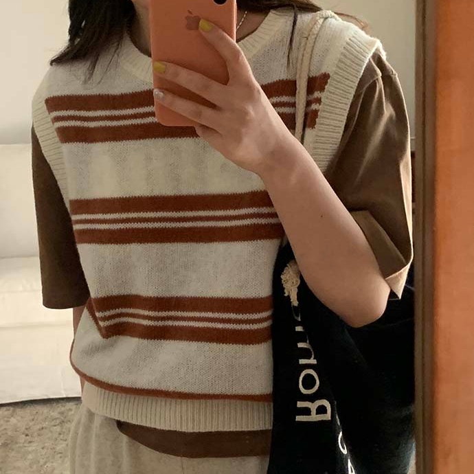 SUXI Áo Len Không Tay Cổ Chữ V Họa Tiết Kẻ Sọc Thời Trang Hàn Quốc Dễ Phối Đồ Cho Nữ
