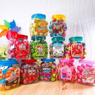 Một hủ kẹo dẻo CÓ NHÂN hình mắt/trái đất/dưa hấu/vịt vàng/đào hồng hủ 50 viên lớn mỗi viên 18g