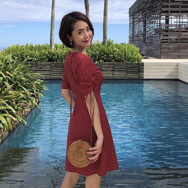 DX642 - Đầm Xòe Đi Biển Chấm Bi Nhún Tay Nhiều Màu