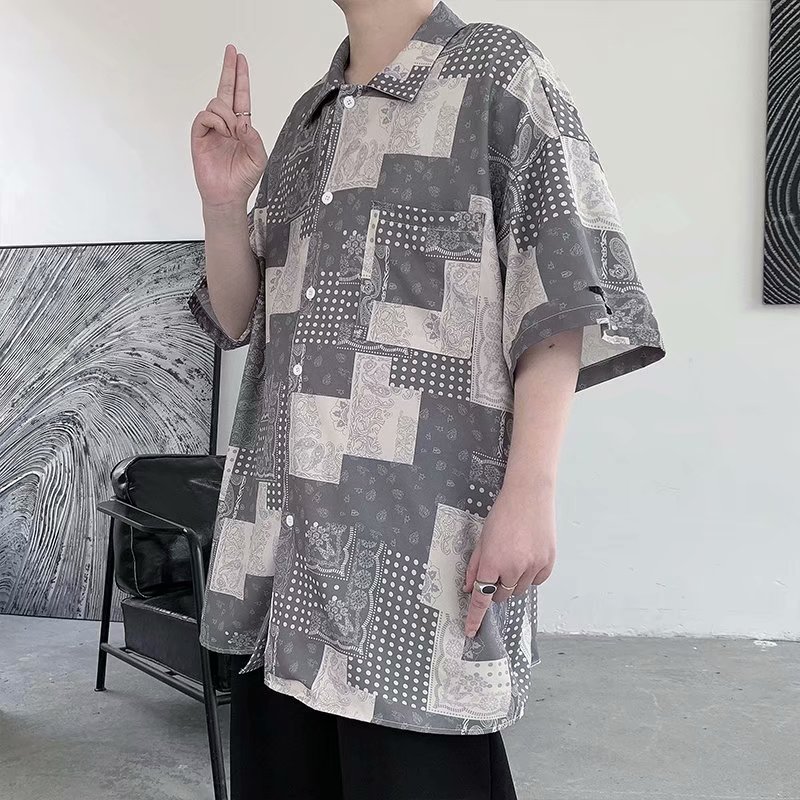 Áo Sơ Mi Tay Ngắn Dáng Rộng In Caro Kiểu Hàn Quốc Thời Trang Cho Nam