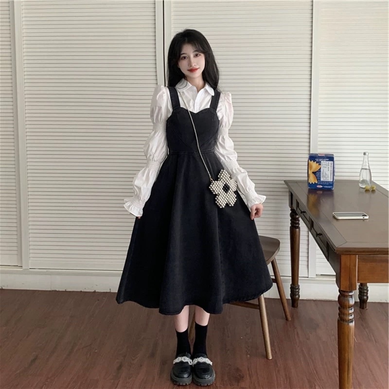 Váy yếm jeans hai dây denim phong cách trẻ trung năng động dáng chữ A