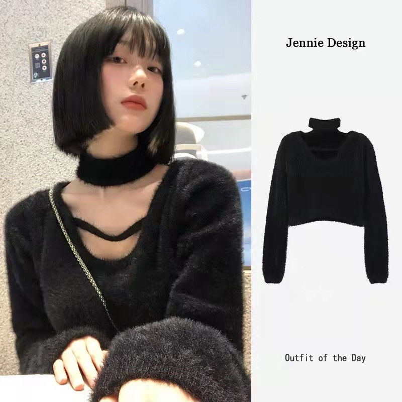 Áo Sweater Dệt Kim Tay Dài Dáng Rộng Cổ Yếm Hở Lưng Thời Trang Xuân Thu Quyến Rũ Cho Nữ