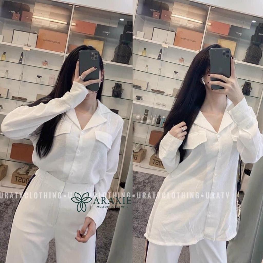 Áo sơ mi nữ form rộng Araxie sơ mi nữ kiểu dài tay màu trắng cổ vest dáng Hàn Quốc công sở bánh bèo ASM0122
