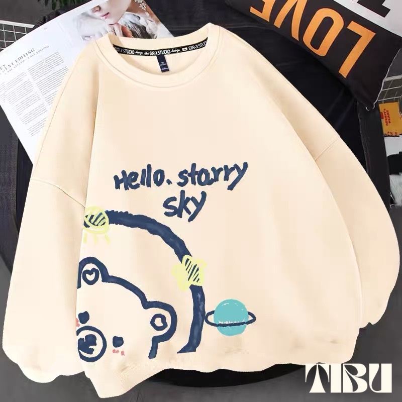 Áo sweater nữ cổ tròn in chữ Hello Starry, áo hoodie nỉ form rộng phong cách ulzzang Hàn Quốc