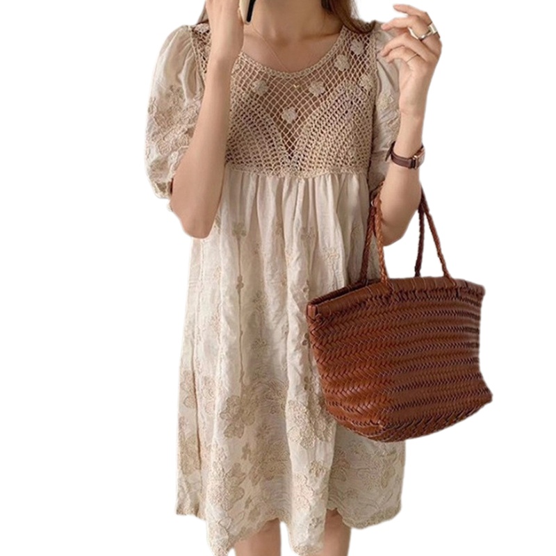 Đầm Midi Dáng Dài Đan Móc Tay Phồng Cổ Tròn Phối Ren Hoa Thời Trang Cho Nữ