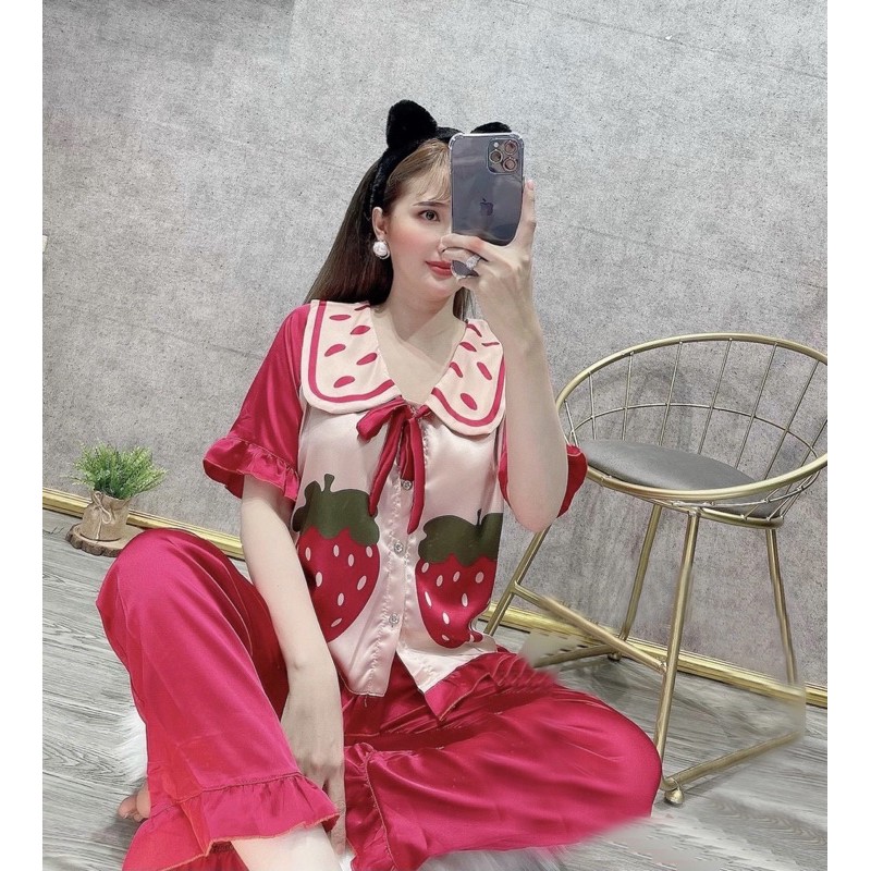Bộ Lụa Pijama Satin Thiết Kế Hoạ Tiết Quả Dâu Tay Ngắn 🌸 Bộ Mặc Nhà [HÀNG ĐẸP CHUẨN] | BigBuy360 - bigbuy360.vn