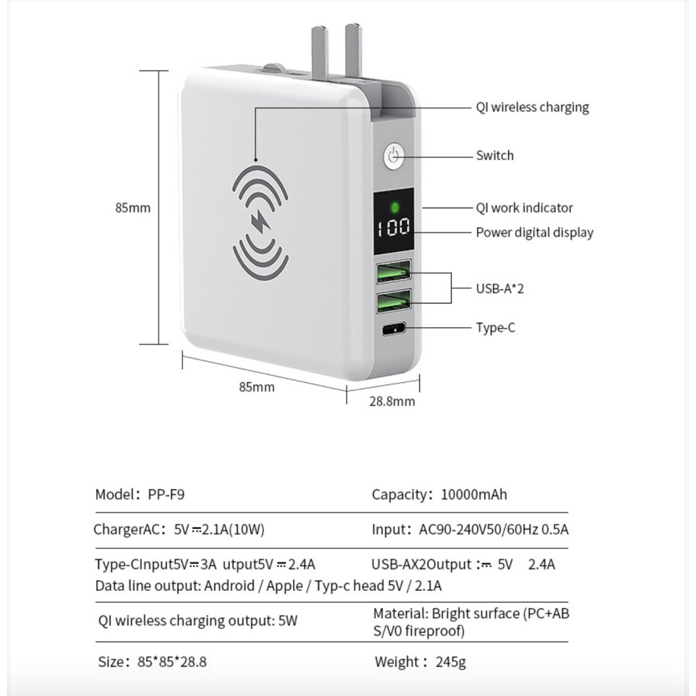 Cốc sạc nhanh Kiêm Pin sạc dự phòng 2in1 QI Wirless 10.000mAh cho mọi dòng điện thoại máy  tính bảng (Lighting + Type C)