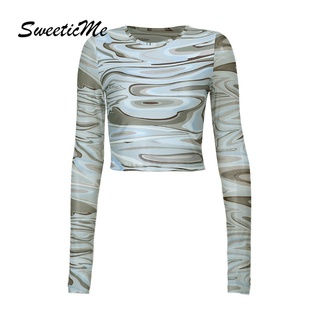 Áo Thun Dài Tay In Họa Tiết Gợn Sóng Nước Ngọt Ngàoicme Cho Nữ