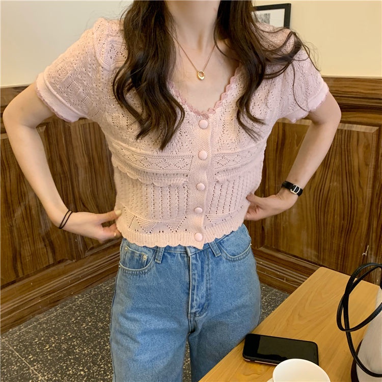 Áo Cardigan Dệt Kim Lụa Lạnh Tay Nửa Cổ Chữ V Thời Trang Mùa Hè Cho Nữ