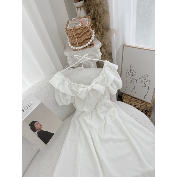 ĐẦM CỔ BÈO NƠ CHÉO DÂY NGỰC MIDI