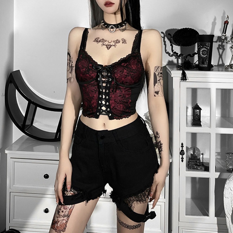 Áo Croptop Hai Dây Cổ Chữ V Phối Ren Họa Tiết Hoa Phong Cách Gothic Quyến Rũ