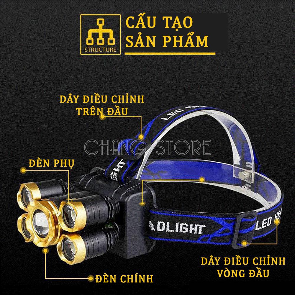 Đèn Pin Đội Đầu 5 Bóng Siêu Sáng. Chồng Nước Kèm Sạc