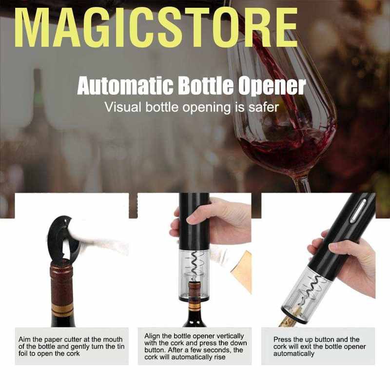 Magicstore Corkscrew Electric Red Wine Opener Labor‑Saving Low Noise Automatic Bottle Lovers Gift Set for Home Wedding Party Black