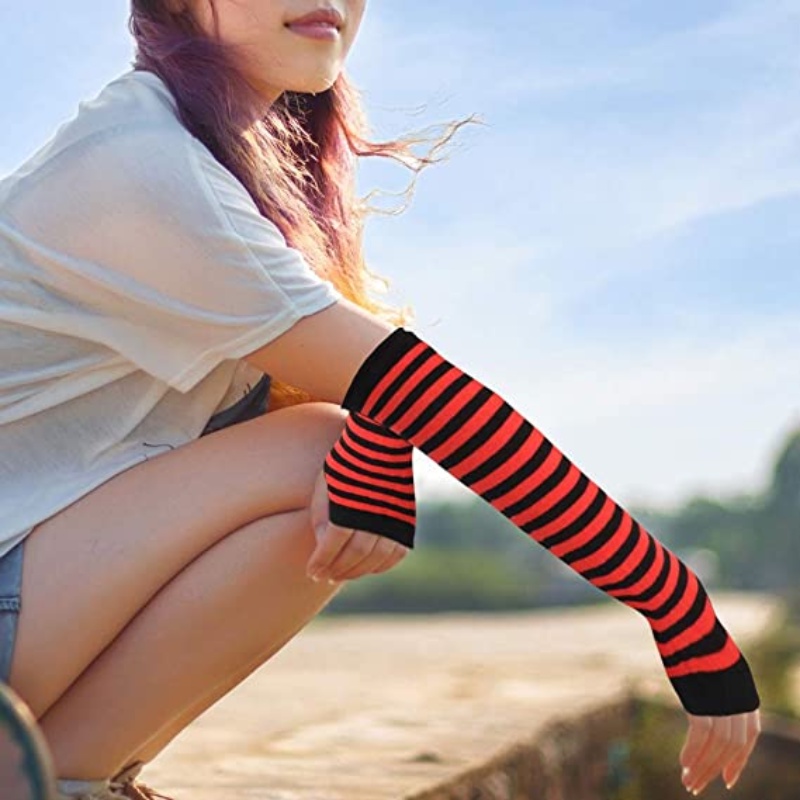 Đôi găng cánh tay dệt kim hở ngón giữ ấm thoải mái họa tiết kẻ sọc/ màu trơn dành cho cả nam và nữ