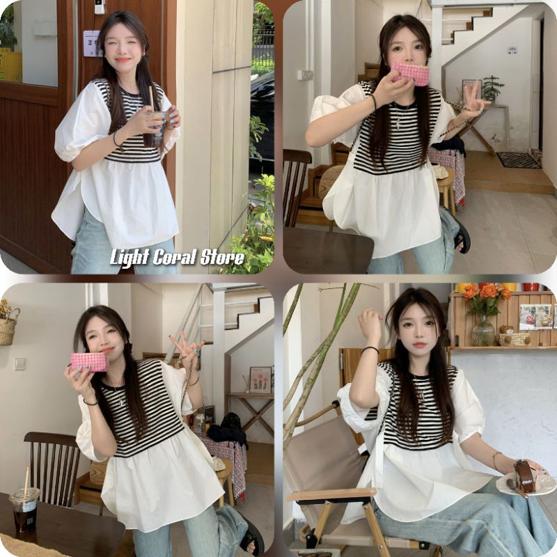 (ORDER) Áo babydoll trắng tay phồng tiểu thư phối thun kẻ ngang dáng xòe xẻ tà xinh style Hàn Quốc có size (ảnh thật)