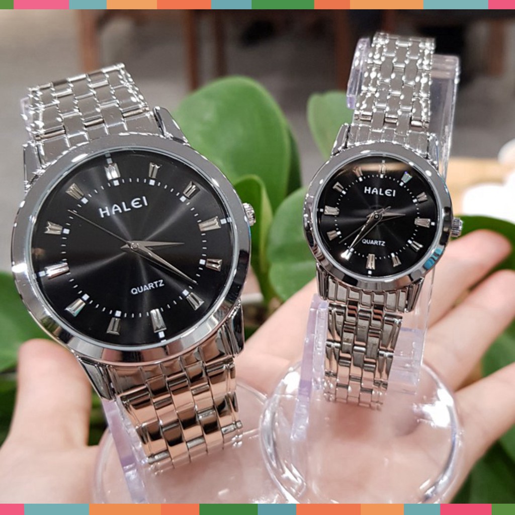 Đồng hồ cặp đôi nam nữ Halei mặt trắng dây da kim loại chính hãng Tony Watch 68