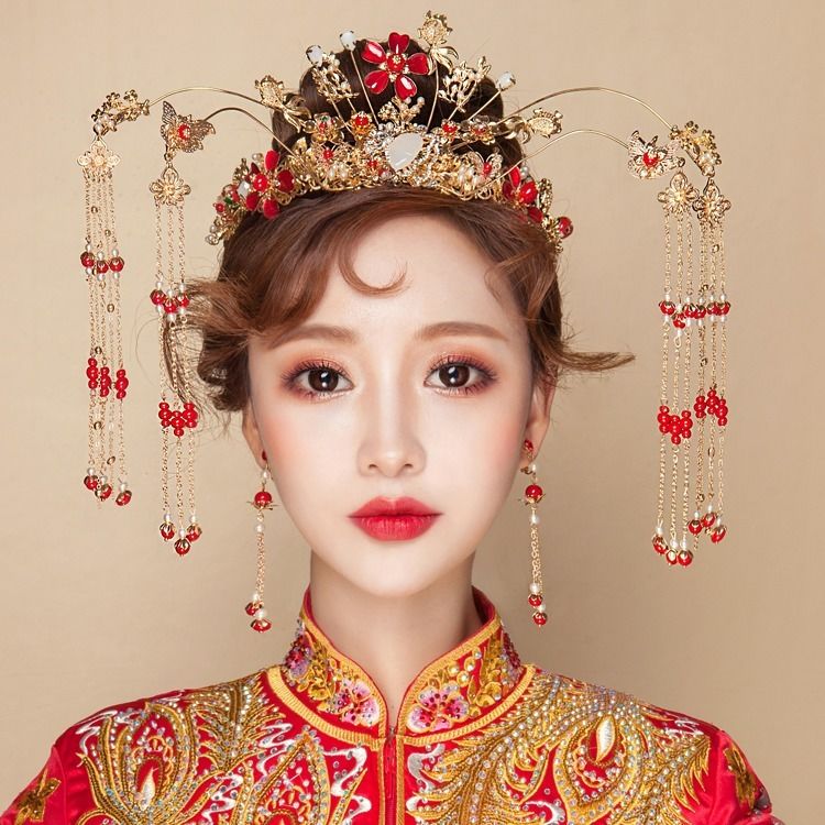 Cài tóc cô dâu Trung Quốc cổ điển họa tiết phượng hoàng đính tua rua 6g34