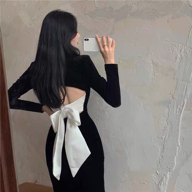 VÁY BODY XẺ TÀ HỞ LƯNG THẮT NƠ DÀI TAY - Hàng Quảng Châu