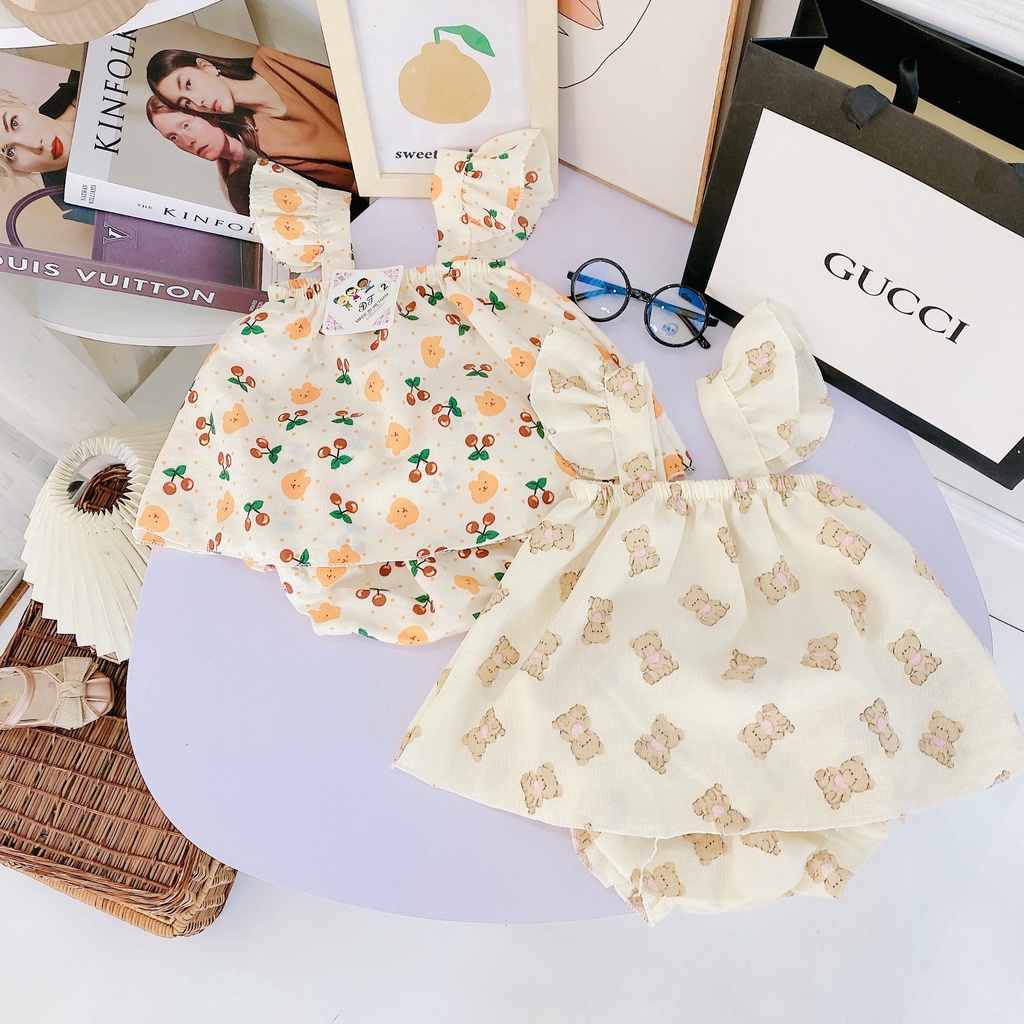 AV20 Bộ Áo Váy 2 Dây Cánh Tiên Hoạ Tiết Hoa Quả Cho Bé Chất Liệu Vải Đũi Nhăn Đủ Size Từ 8-18Kg VNXK Nhật-Hàn