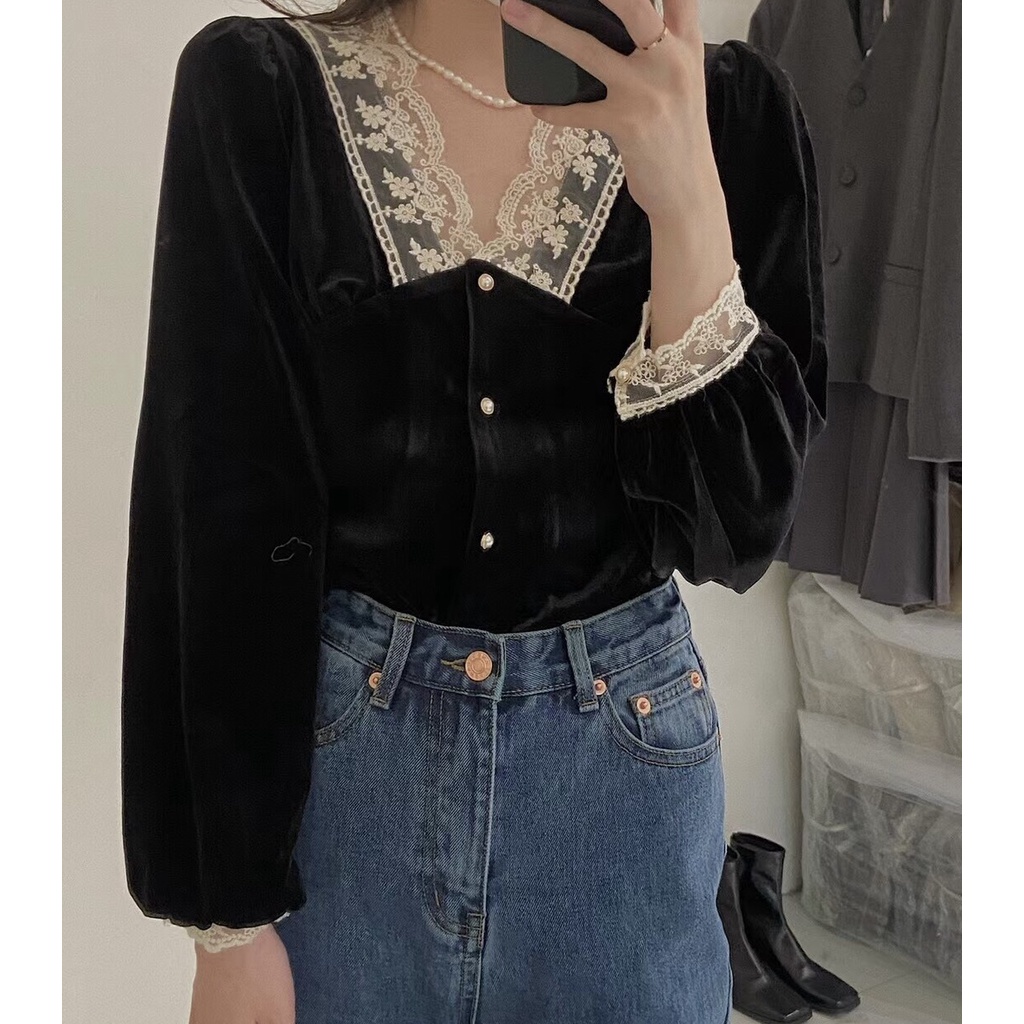 Áo sơ mi nhung tay dài phối ren thời trang thanh lịch dành cho nữ