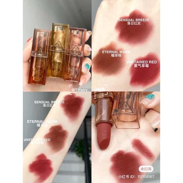 SON THỎI 3CE SOFT MATTE LIPSTICK MÀU ETERNAL, SENSUAL BREEZE, UNSTAINED RED