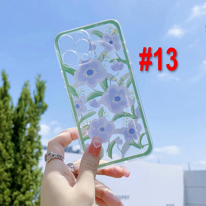 Samsung Galaxy M52 Note 20 Ultra S20 S10 Lite 10 Plus 8 9 4G 5G Cute oil painting Flowers Cherry Peach with Bow Chain Straight Edge Fine Hole Tpu Shockproof Anti-fall Clear Soft Phone Case Cover CES 12