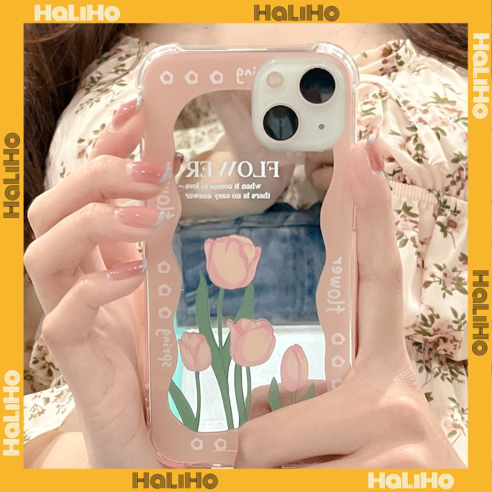 iPhone Case Acrylic HD Makeup Mirror Airbag Shockproof Protection Camera Green Pink Flowers Compatible For iPhone 11 iPhone 13 Pro Max iPhone 12 Pro Max iPhone 7 Plus iPhone xr