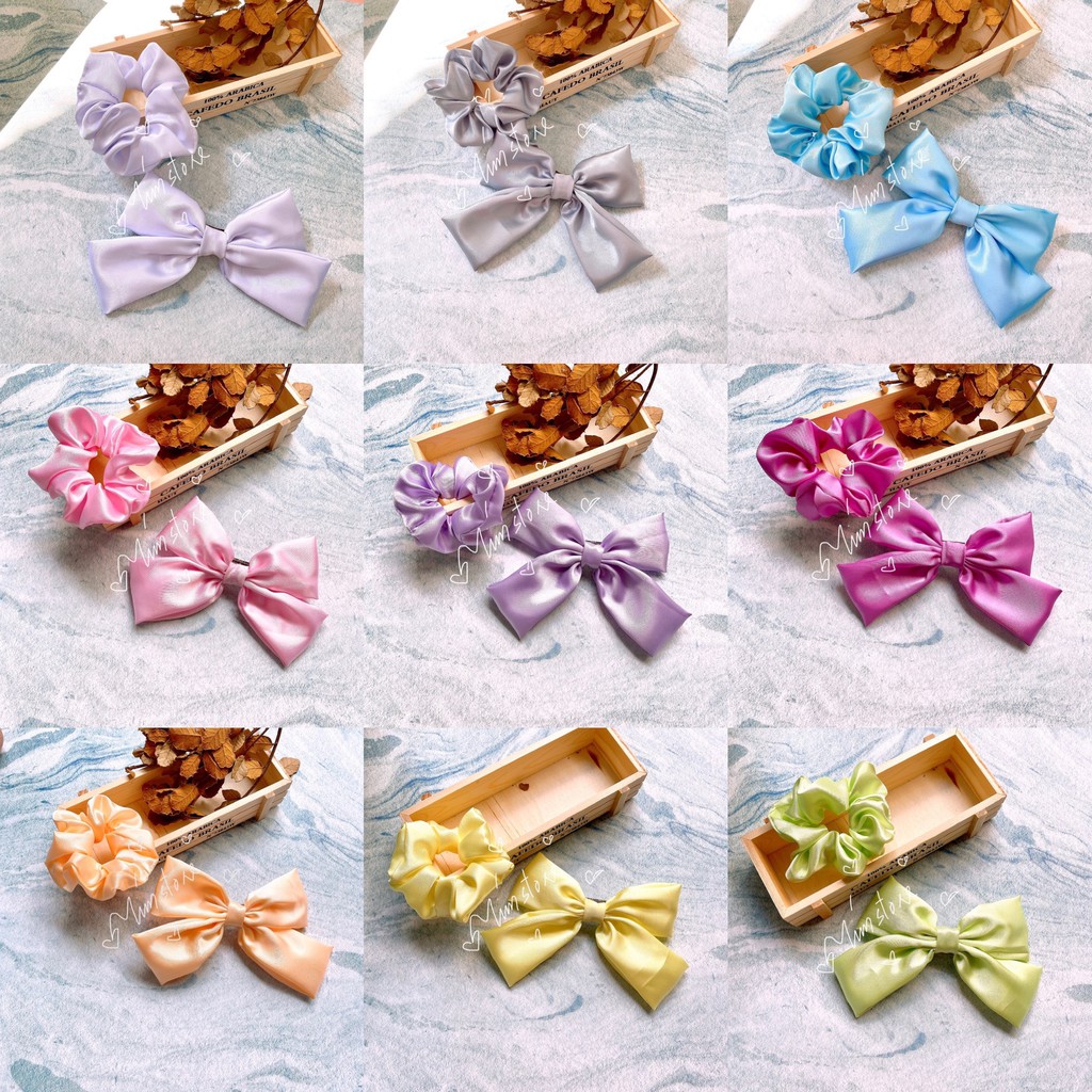 SET 2 MÓN PHỤ KIỆN KẸP TÓC NƠ, SCRUNCHIES,  VẢI SATIN BÓNG THỜI TRANG, NHIỀU MÀU, PHỤ KIỆN TÓC HÀN ULZZANG