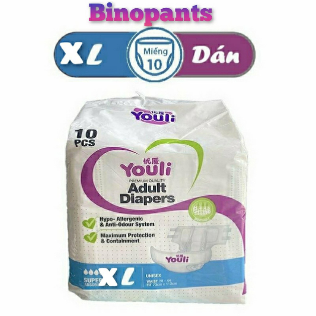Tã dán người lớn YOULI size M10 (70-100cm) , L10 ( 100-139cm ) , XL10 ( 125-165cm )