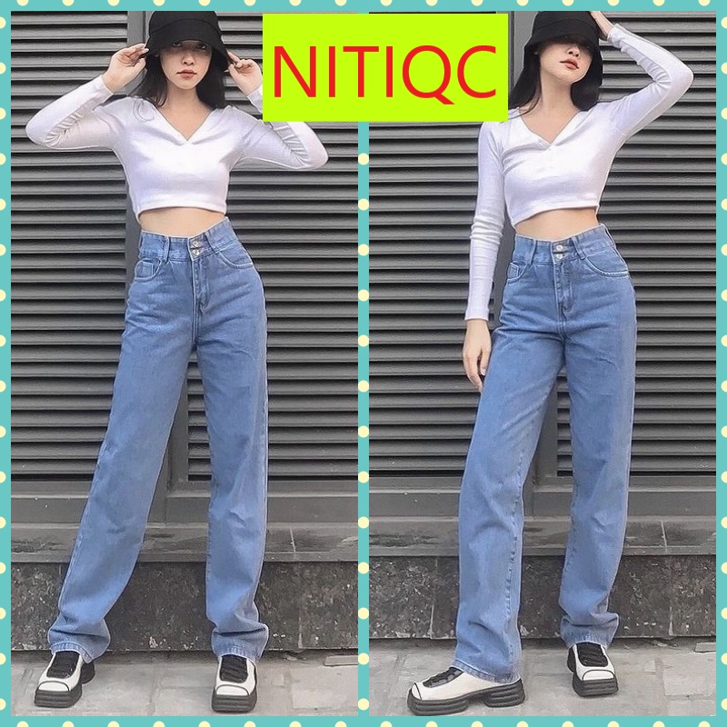 [ VÒNG VÈO ] QUẦN JEANS ỐNG RỘNG NỮ LƯNG CAO 2 NÚT LAI CUỐN FORM DÀI RỘNG MÀU XANH NHẠT CAO CẤP NITIQC CỰC TREND