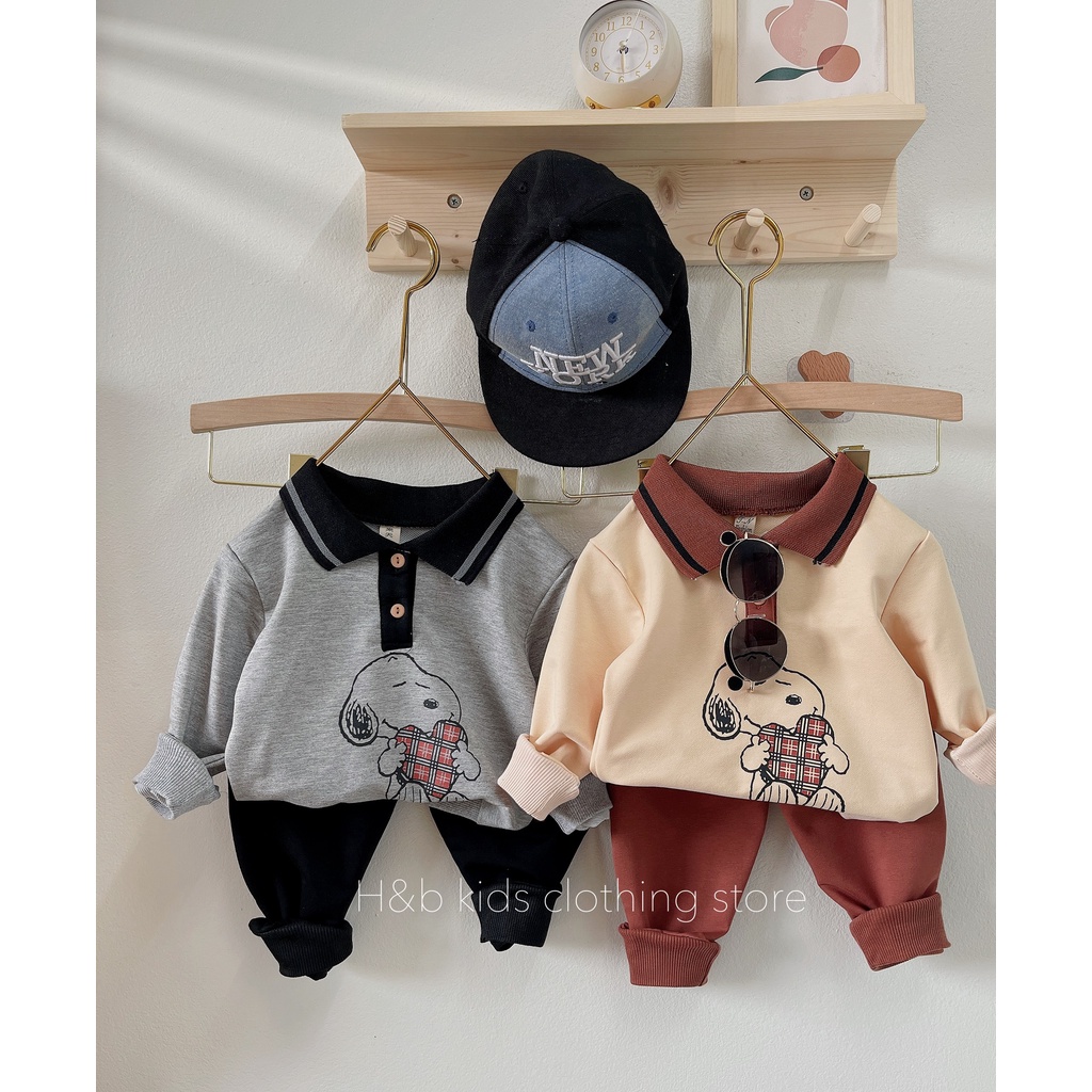Bộ dài tay thu đông cho bé trai bé gái, Set quần áo nỉ PoLo Cổ bẻ Cún chất da cá cao cấp 8 - 20kg