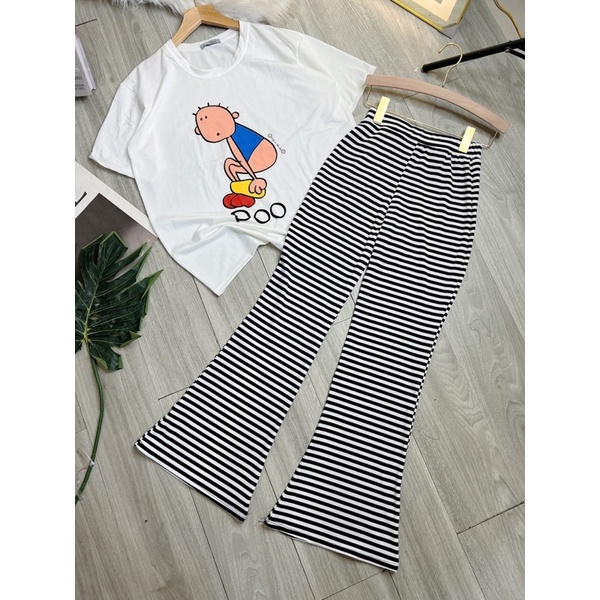 SET BỘ QUẦN SỌC LOE ÁO THUN FORM RỘNG FREESIZE
