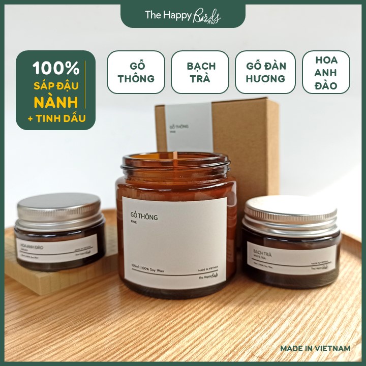 Nến thơm Tinh dầu Gỗ Thông/ Bạch Trà/ Gỗ Đàn Hương/ Hoa Anh Đào làm từ Sáp đậu nành/ Hũ thủy tinh nắp nhôm + Bấc gỗ
