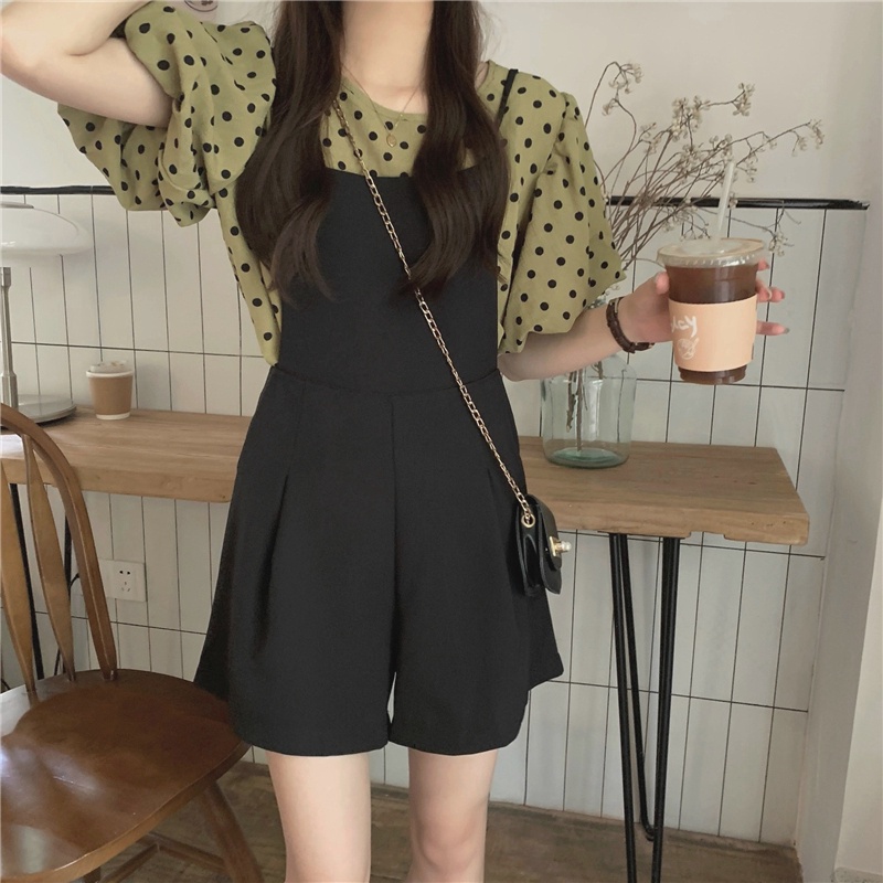 Bộ Áo Liền Quần Tay Phồng Họa Tiết Chấm Bi 53130 Phong Cách Retro Pháp Thời Trang Cho Nữ