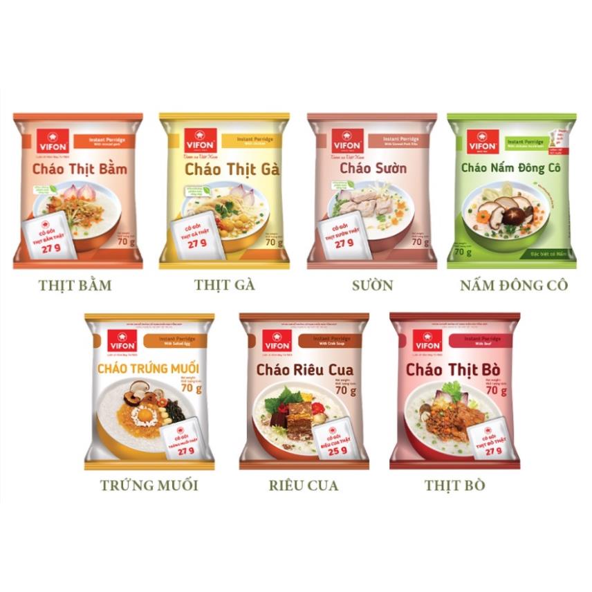 CHÁO ĂN LIỀN VIFON 70g/GÓI THỊT BẰM / GÀ / SƯỜN / BÒ / NẤM ĐÔNG CÔ / TRỨNG MUỐI / RIÊU CUA (CÓ GÓI THỊT / NẤM)