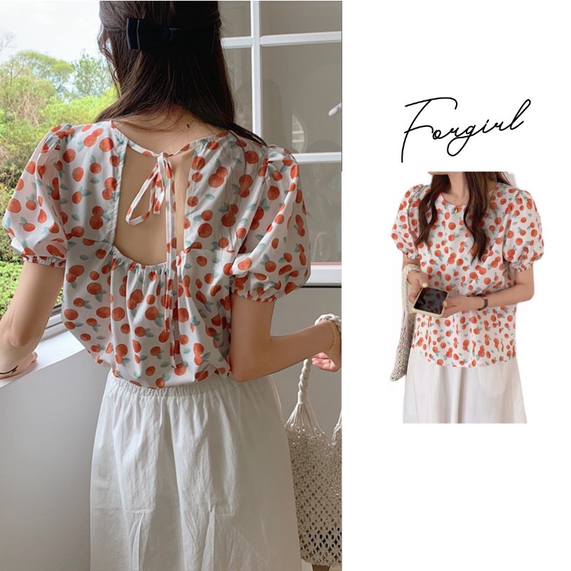 [Mã 151FASHIONSALE1 giảm 10K đơn 50K] Áo kiểu tay cộc dáng xuông Forgirl hoạ tiết trái táo buộc dây lưng