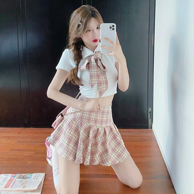 Set đồ nữ FXDAZI gồm áo sơ mi tay ngắn cổ bẻ và chân váy xếp ly thời trang