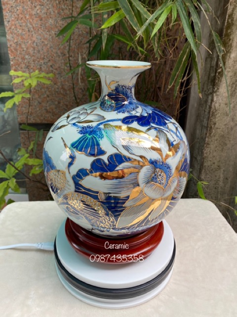Bình hút tài lộc men lam vẽ vàng kim gốm sứ Bát Tràng