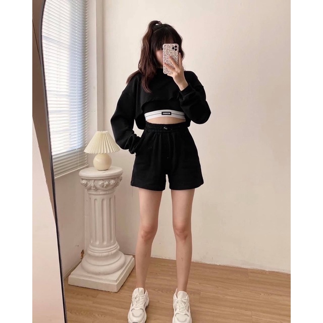 Set nỉ tay dài quần short lưng cao đen