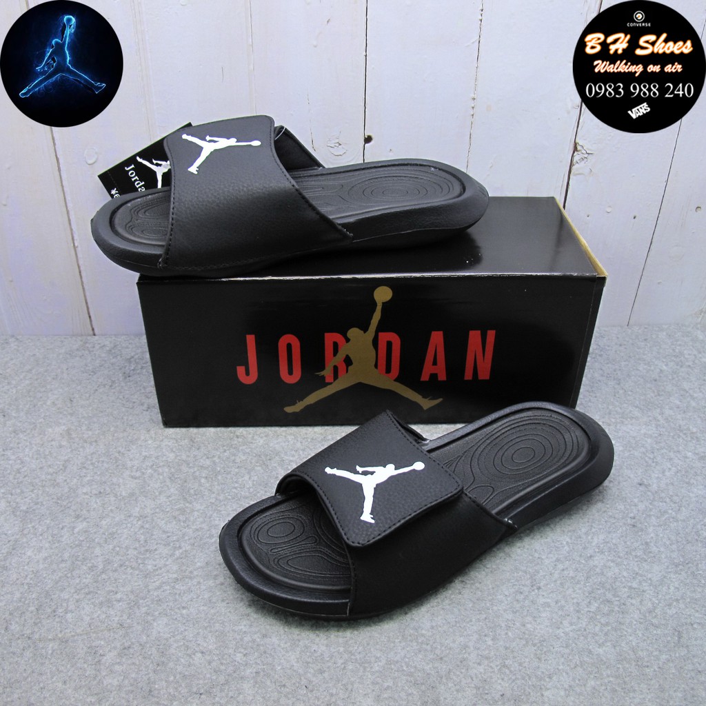 Dép JD Jordan bóng rổ FREE SHIP + hộp hãng + jordan đủ tem tag loại 1 đen logo trắng quai ngang dán nam nữ. BH Slippers