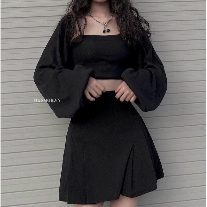 Set áo crop + áo khoác tay phồng