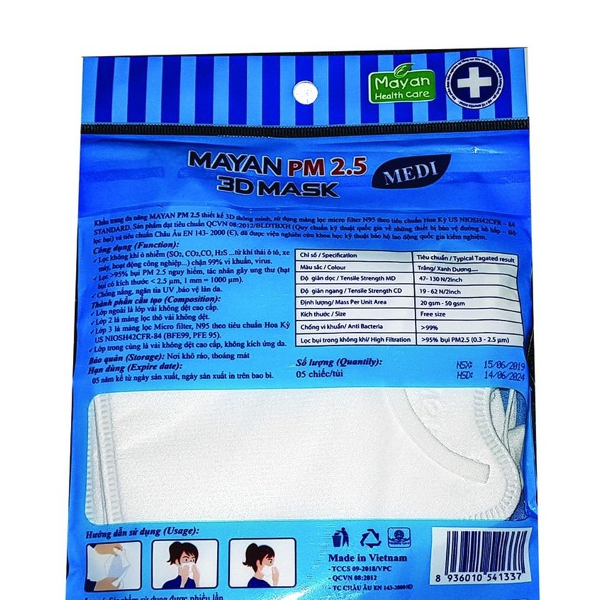 Túi 5 Miếng Khẩu Trang Mayan 3D Mask Chống Bụi PM 2.5, Chống Vi Khuẩn Tiêu Chuẩn N95