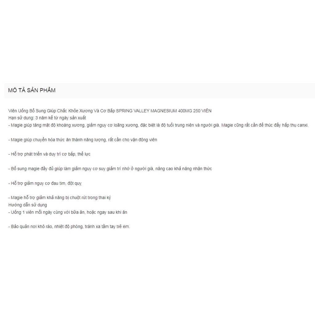 Viên Uống Bổ Sung Giúp Chắc Khỏe Xương Và Cơ Bắp SPRING VALLEY MAGNESIUM 250mg 250 VIÊN