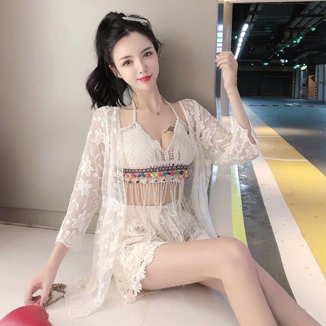 Set biển tua rua - set 3 món - áo bra tua rua dài - quần ren - choàng ren hoa nhỏ | BigBuy360 - bigbuy360.vn