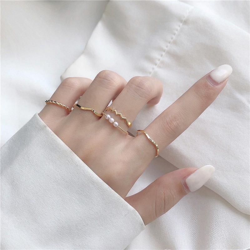 Bộ 5 Nhẫn Mạ Vàng / Bạc Phong Cách Hàn Quốc