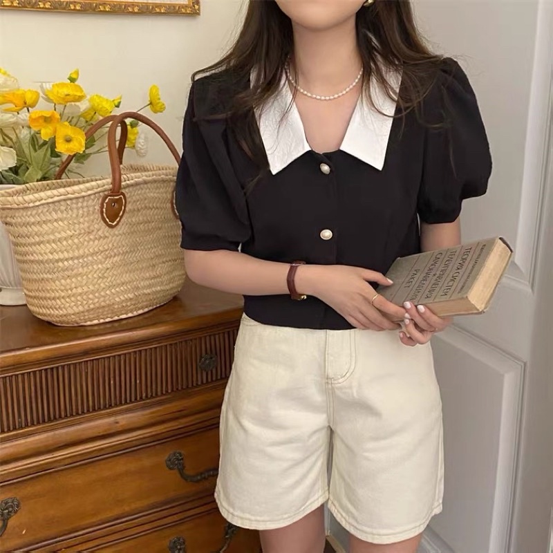Sẵn/order Áo sơ mi nữ hoạ tiết nổi vân hoa cổ polo tay phồng cách điệu croptop cúc ngọc sang chảnh điệu đà big size to