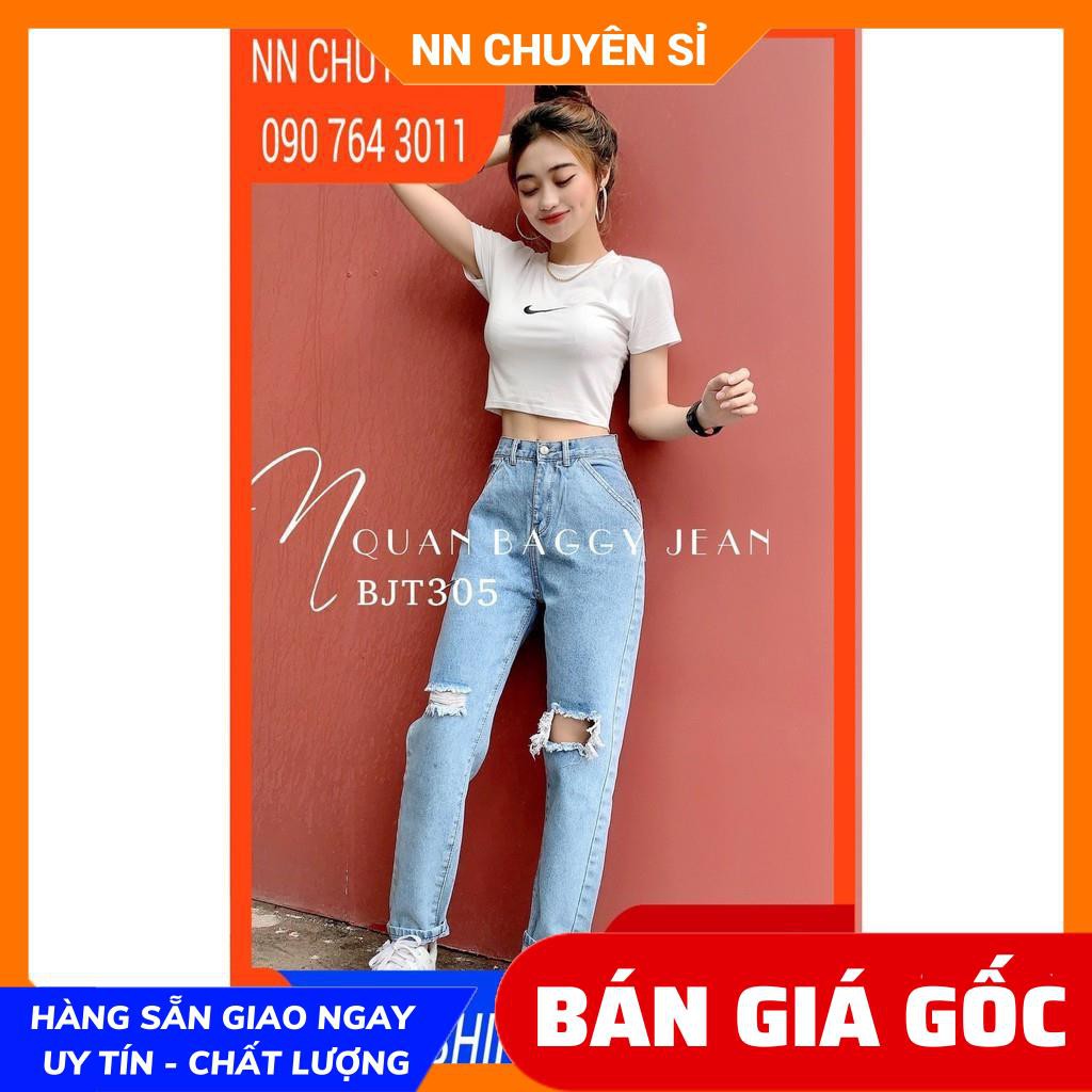 Quần Jean Baggy Nữ Quần jean Nữ cạp cao Vải co giãn tốt kiểu rách thời trang BJT305